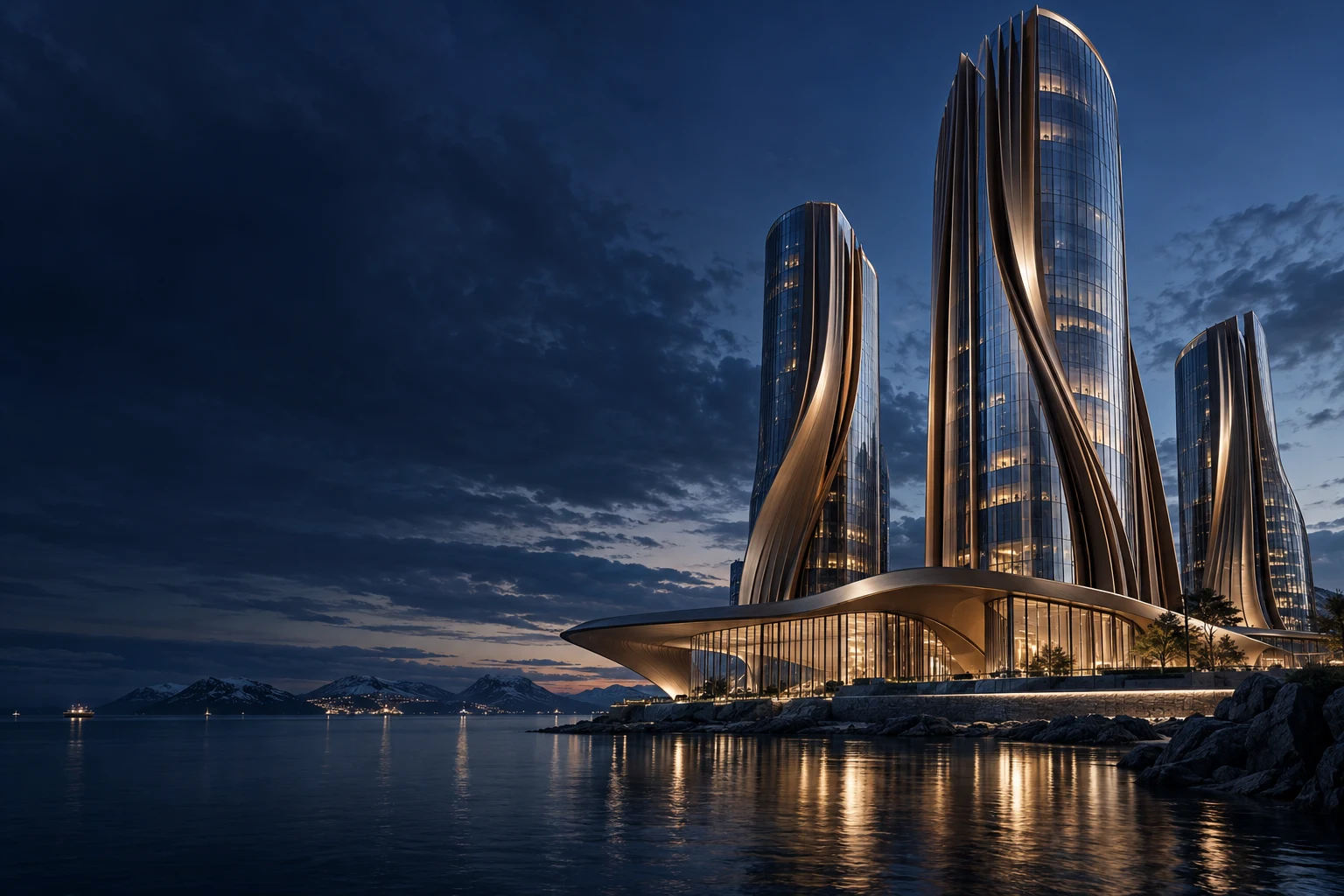 Conceptual sculpted towers above a Nordic waterfront at blue hour