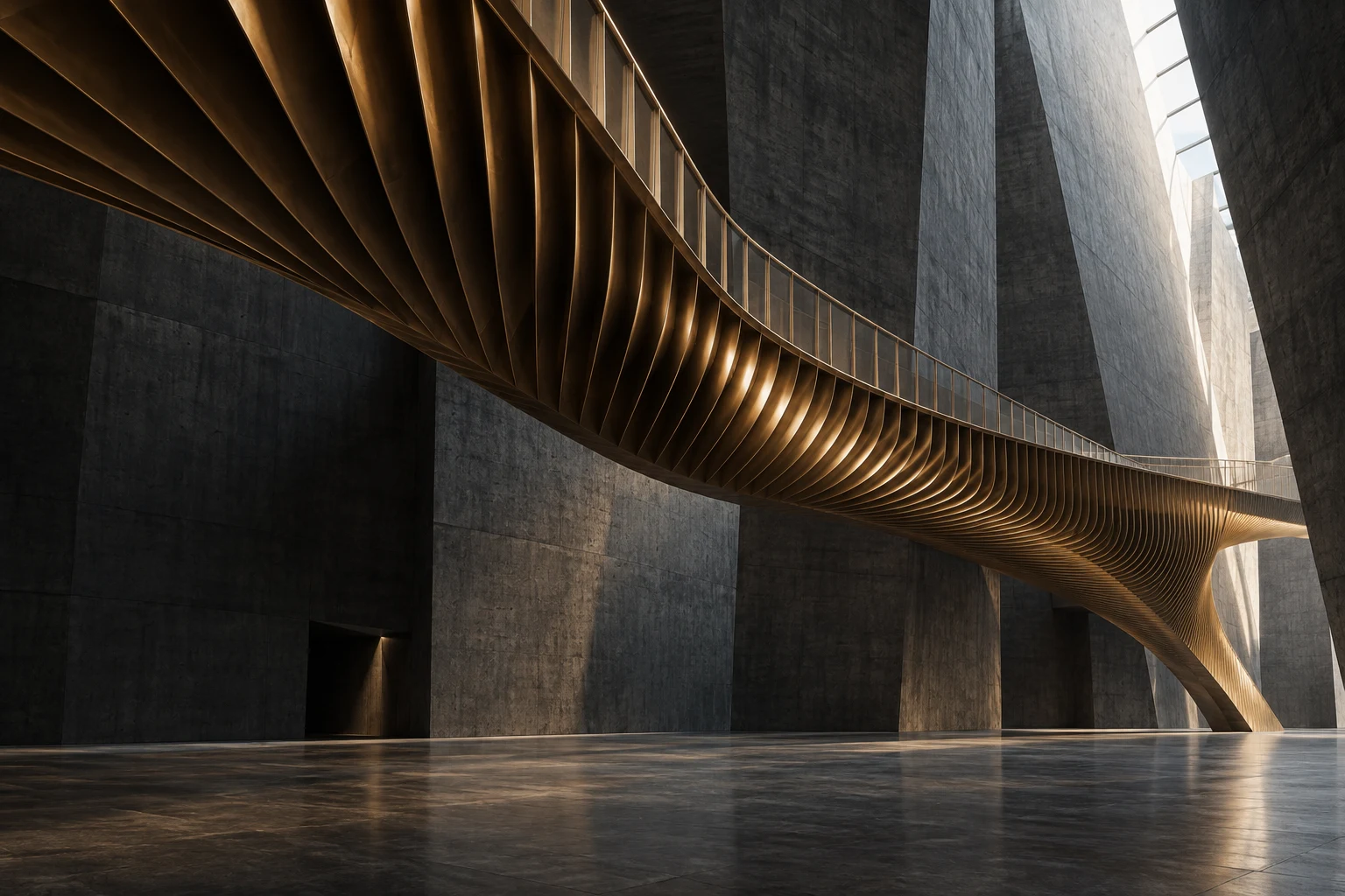 Architectural concept of a sculptural bronze bridge connecting monumental stone spaces